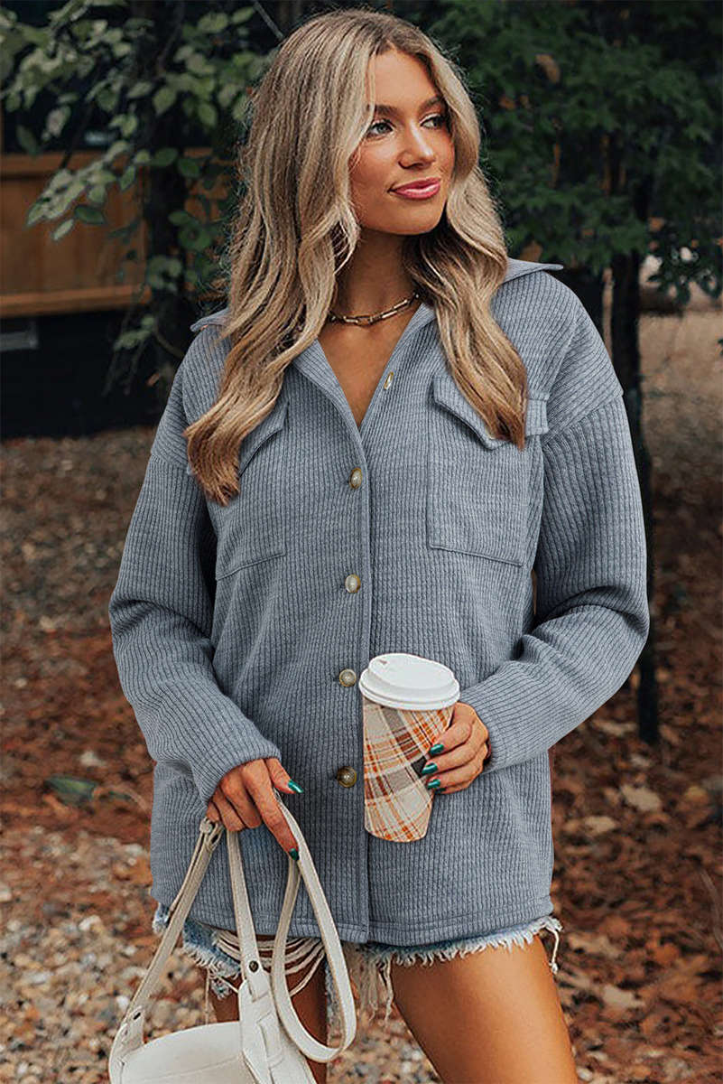 Medium Grey Ribbed Knit Buttons Front Flap Pocket Casual Shacket