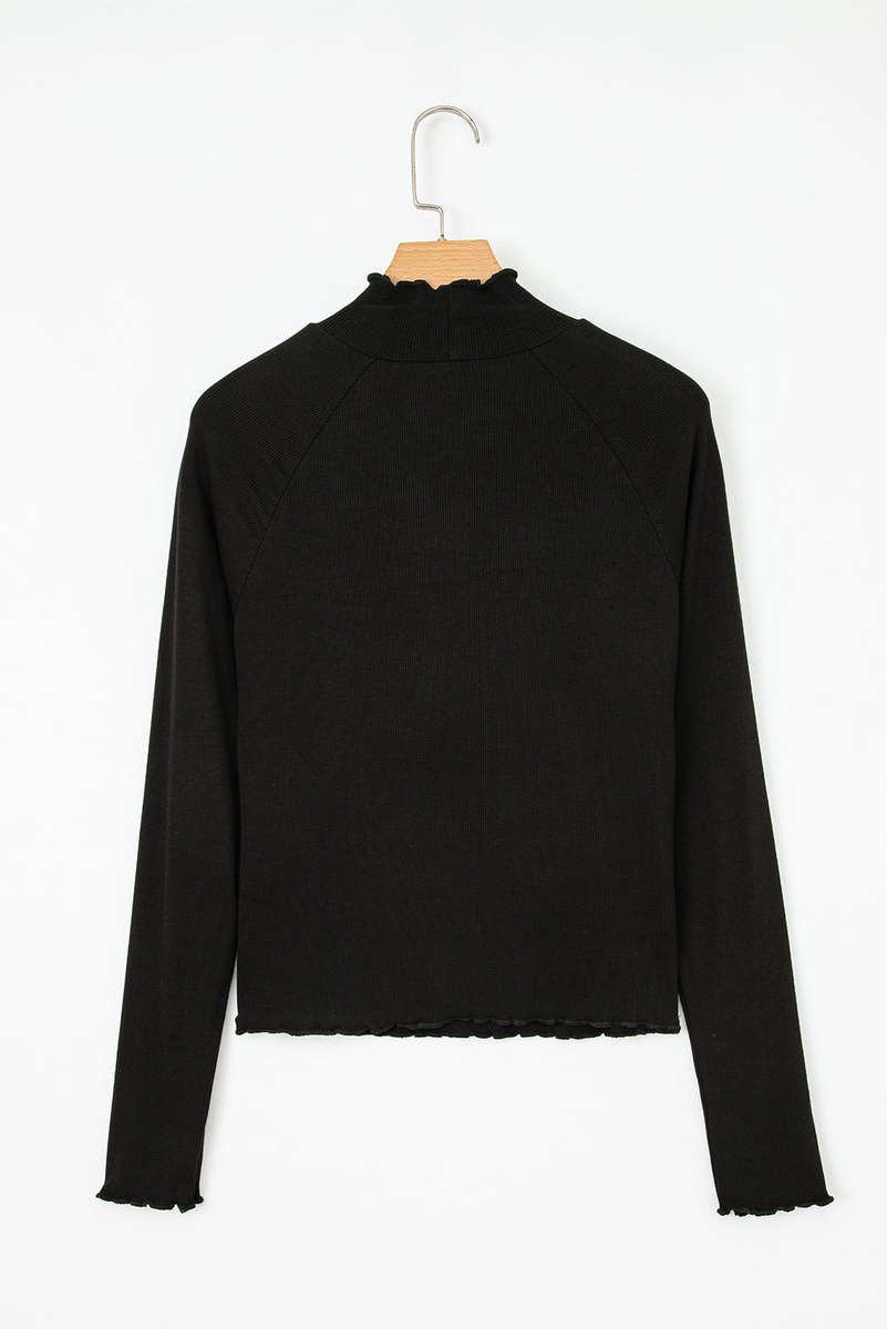Black Ribbed Knit Lettuce Trim High Neck Long Sleeve Top