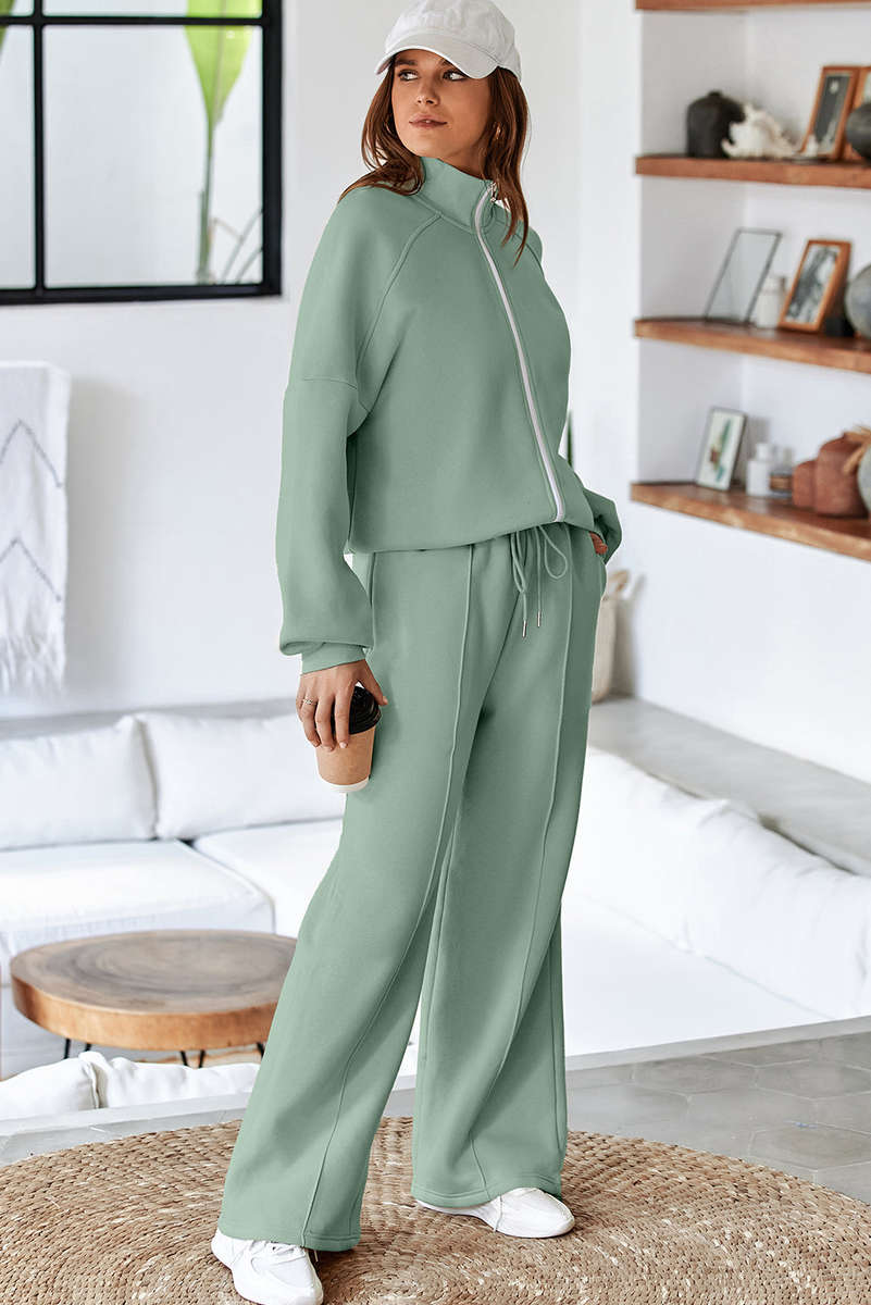 Clearly Aqua Drop Shoulder Zip Up Jacket Drawstring Pants Active 2pcs Set