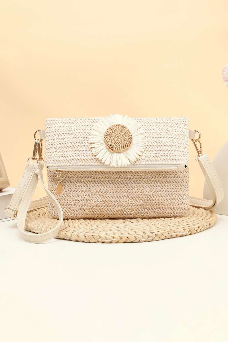 White Daisy Flower Straw Woven Zip Folded Magnetic Button Shoulder Bag