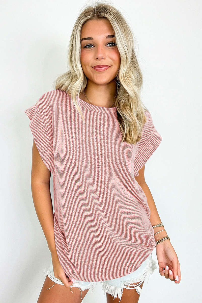 Sepia Rose Twisted Rib Wide Sleeve Crew Neck T Shirt