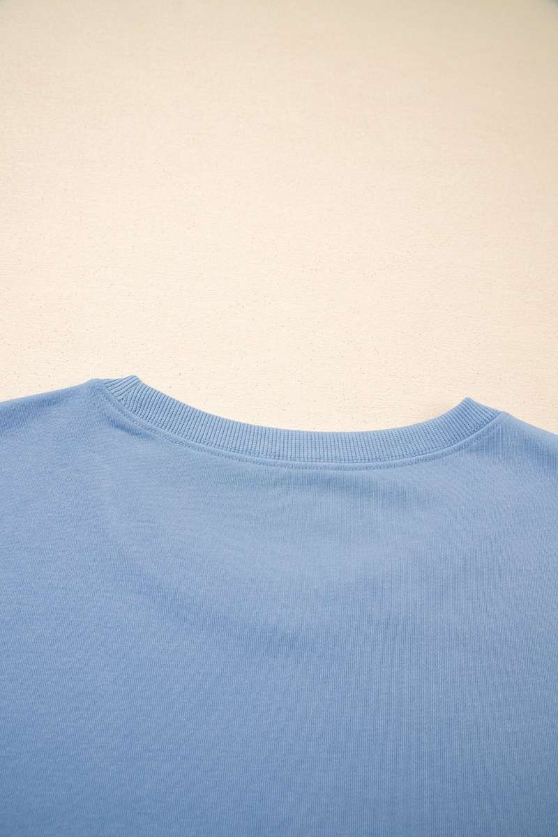 Sky Blue Solid Color Contrast Textured Patchwork Raw Edge 2pcs Short Set