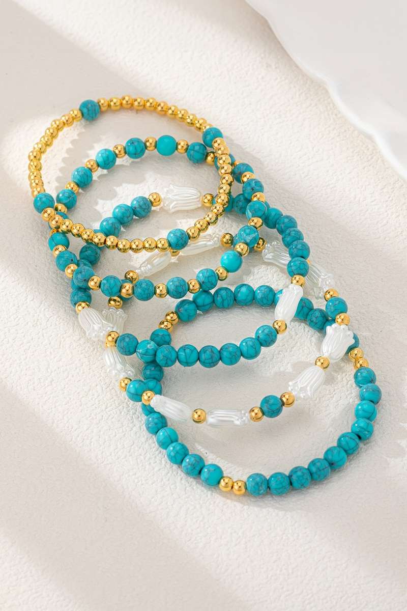 Turquoise Mixed Golden Beads Pearlish Detail 5pcs Bracelet Set