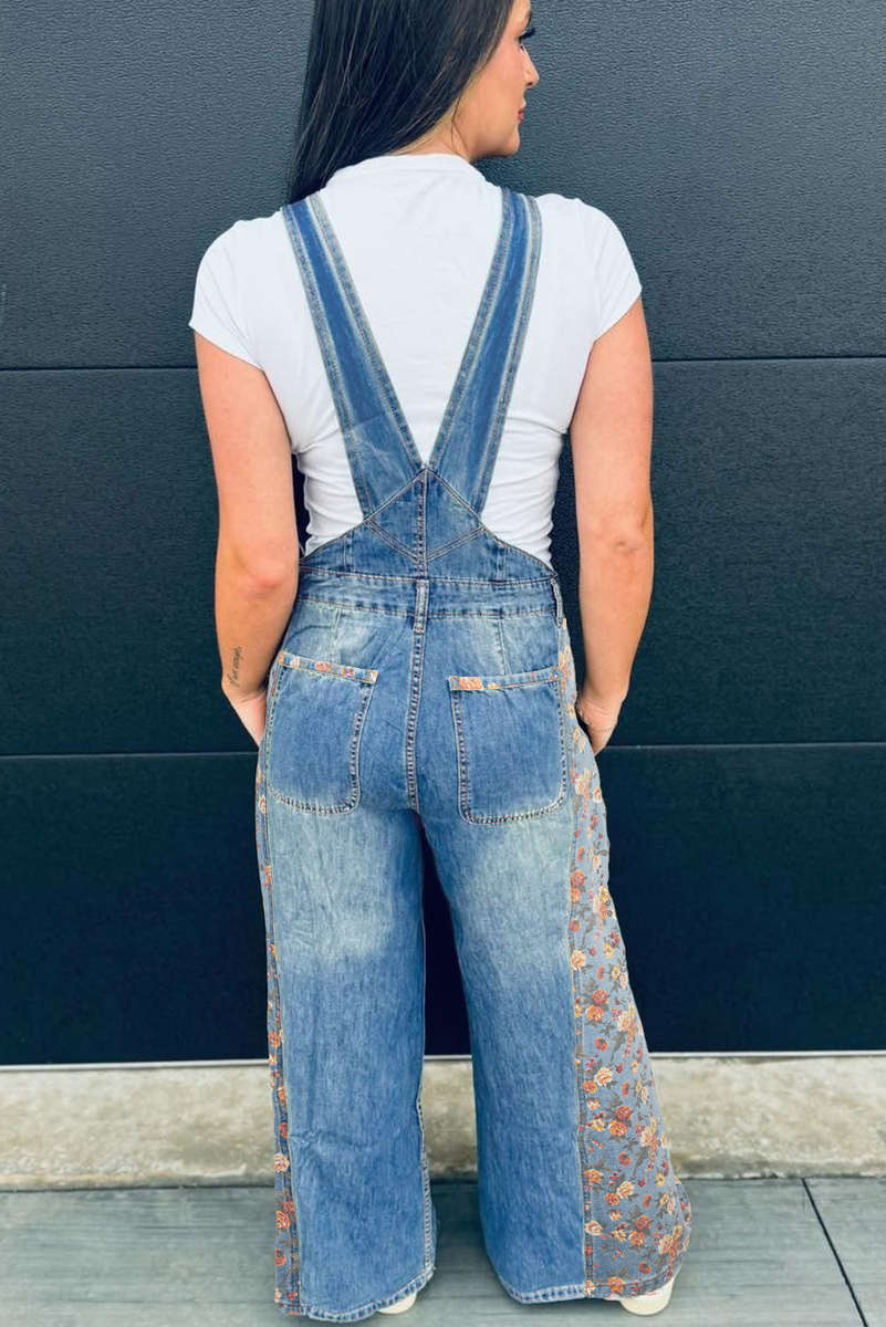 Peacock Blue Floral Patchwork Bib Denim Wide Leg Overalls
