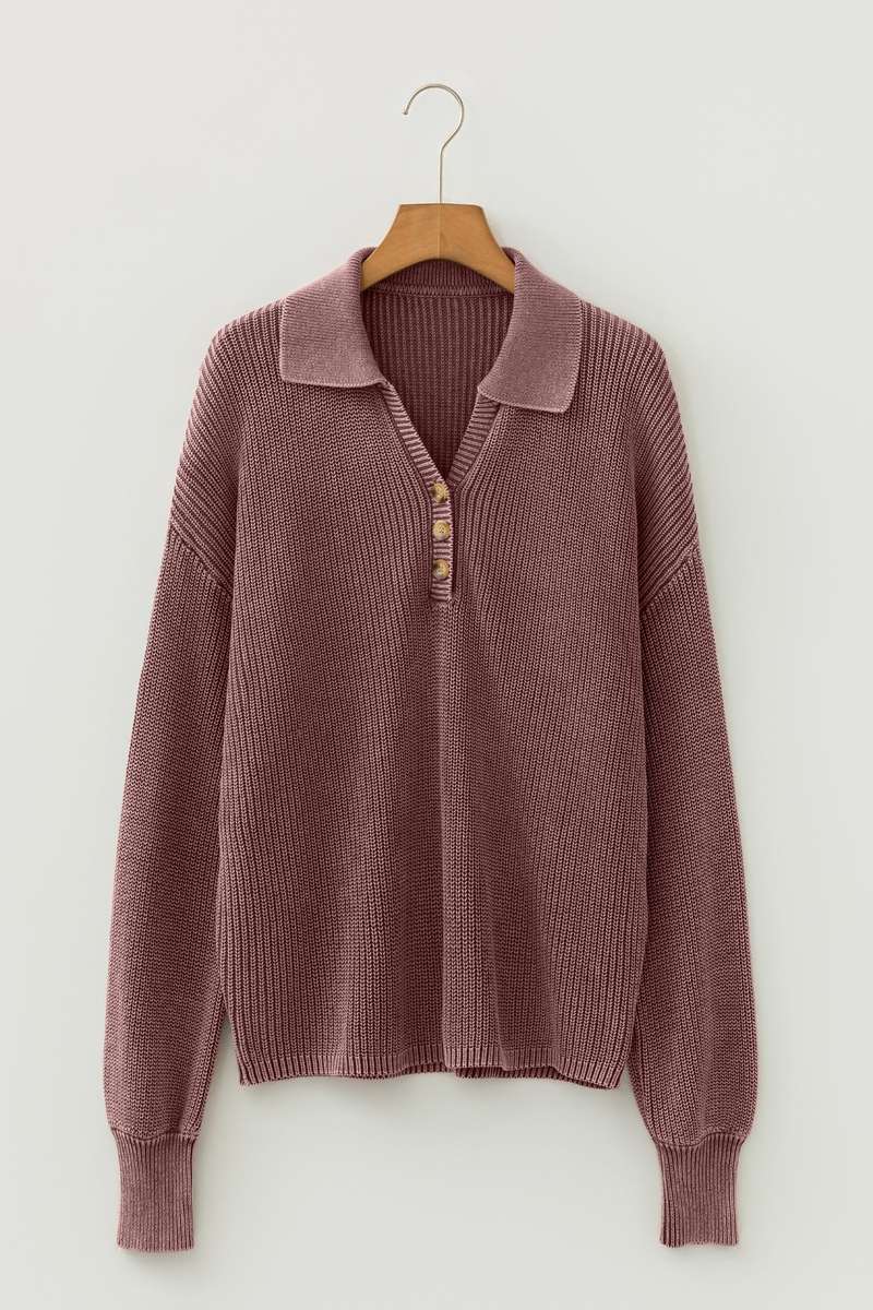 Dark Brown Mineral Washed Knit Button Polo Collar Loose Sweater