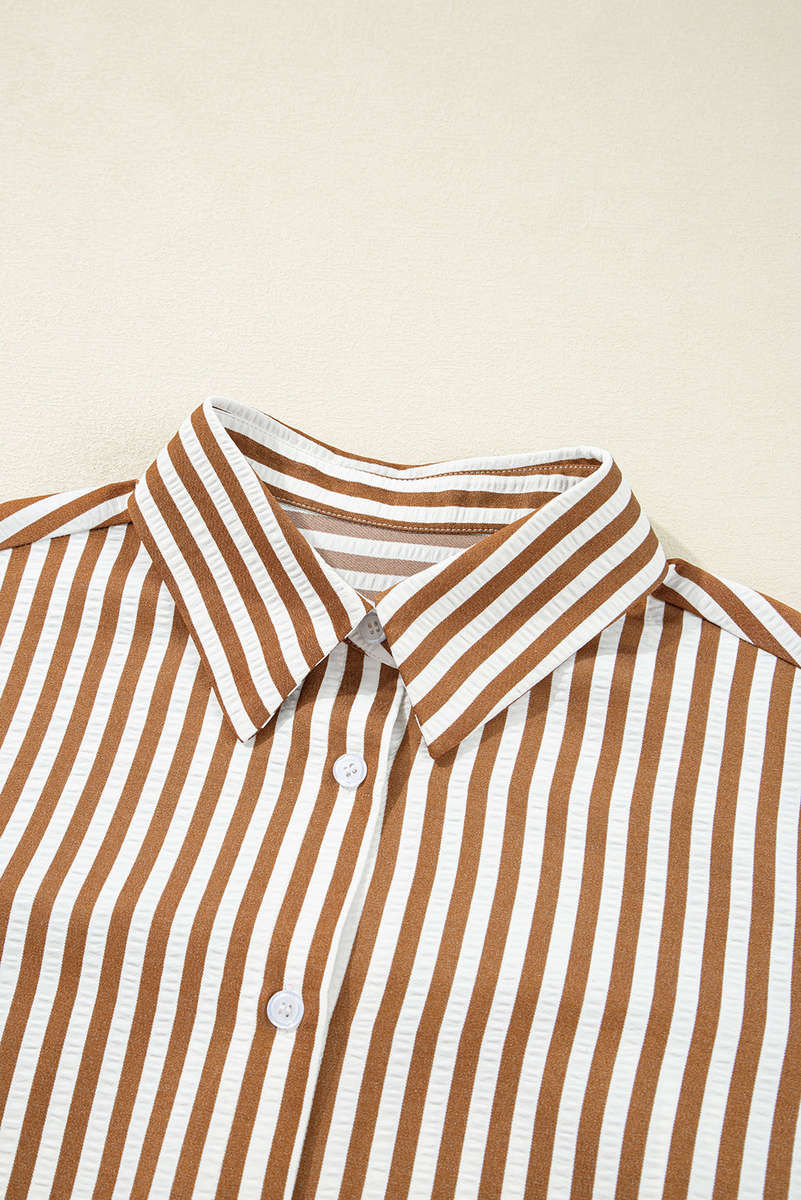 Brown Stripe Ruffled Hem Collared Long Sleeve Shirt Mini Dress