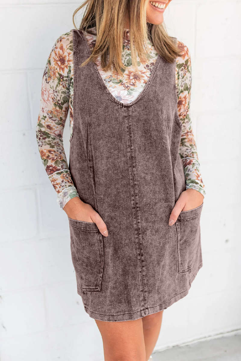 Goat Vintage Washed Denim V Neck Suspender Mini Dress
