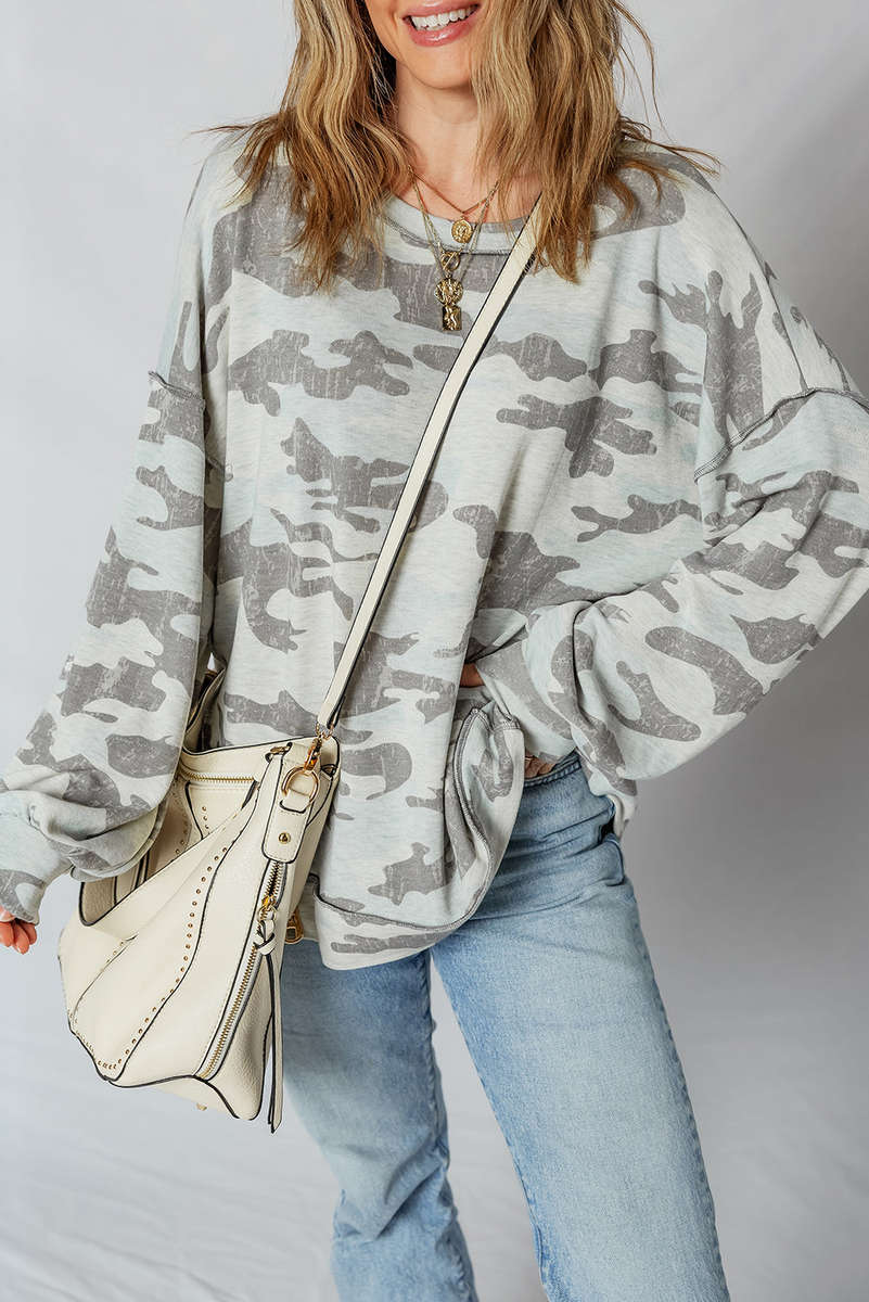 Dearlove Multicolour Retro Camouflage Print Exposed Seam Patchwork Drop Shoulder Sweatshirt
