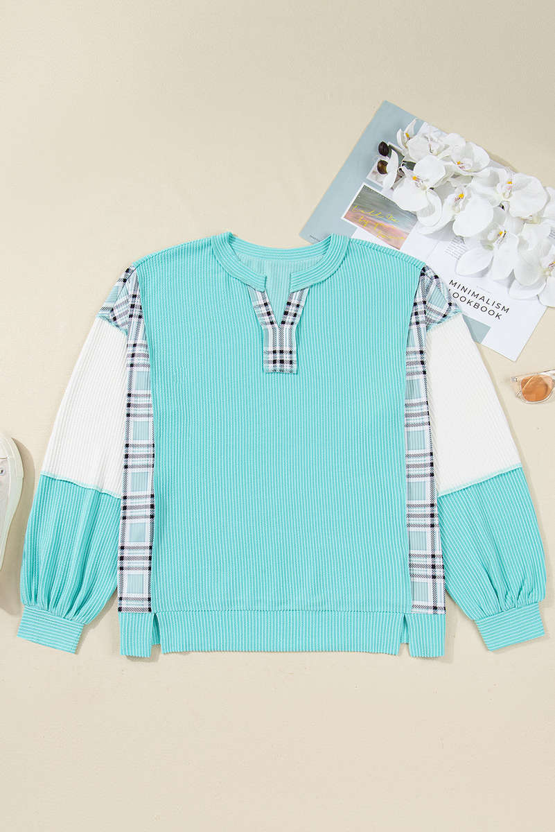 Aruba Blue Twist Ribbed Color Block Plaid Patchwork Plus Size Long Sleeve Top