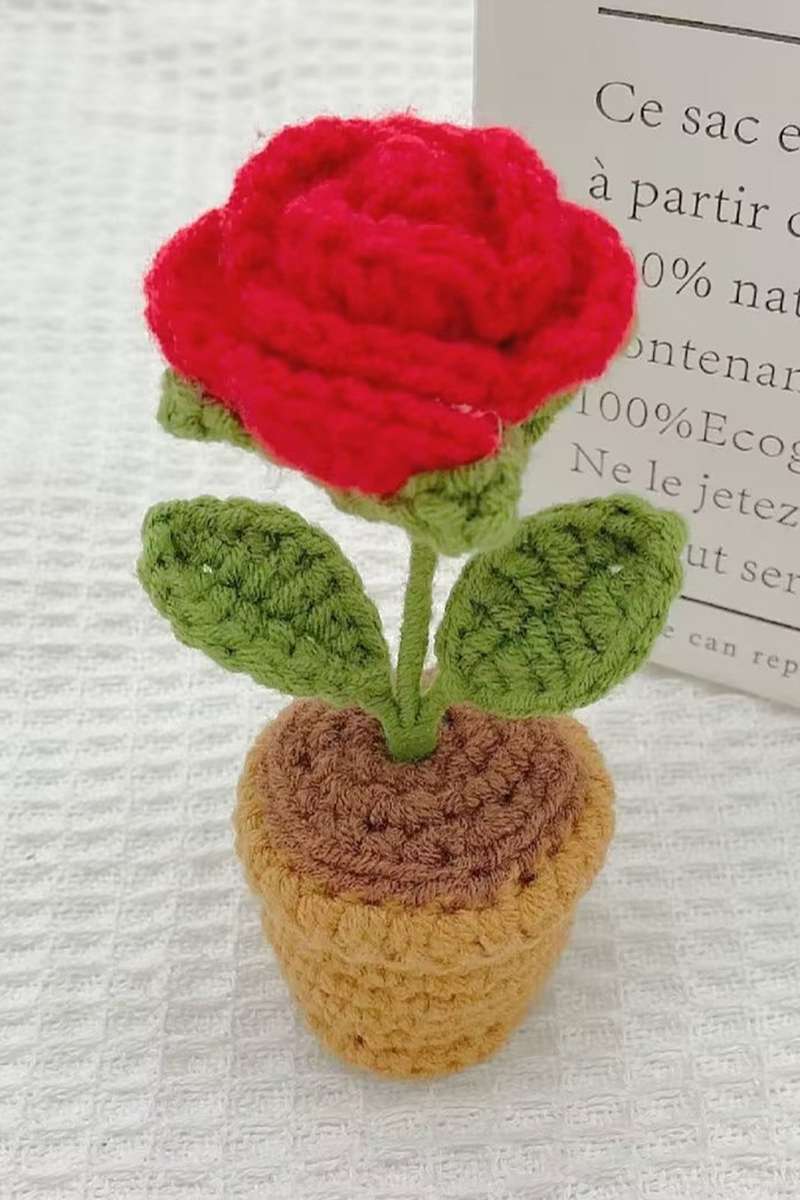 Fiery Red Crochet Rose Flower Plant Pot Decoration