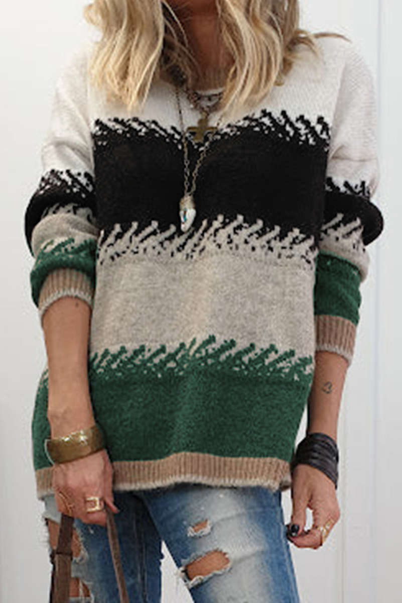Black Stylish Color Block Pattern Drop Shoulder Sweater