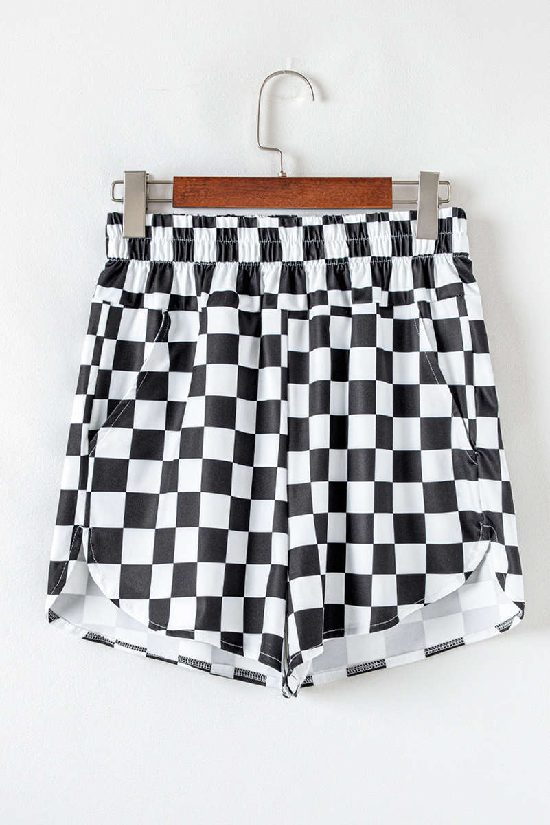Black Checkered Print High Waist Casual Shorts