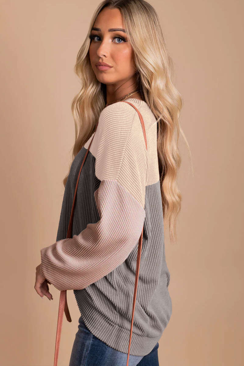 Multicolor Color Block Long Sleeve Ribbed Loose Top