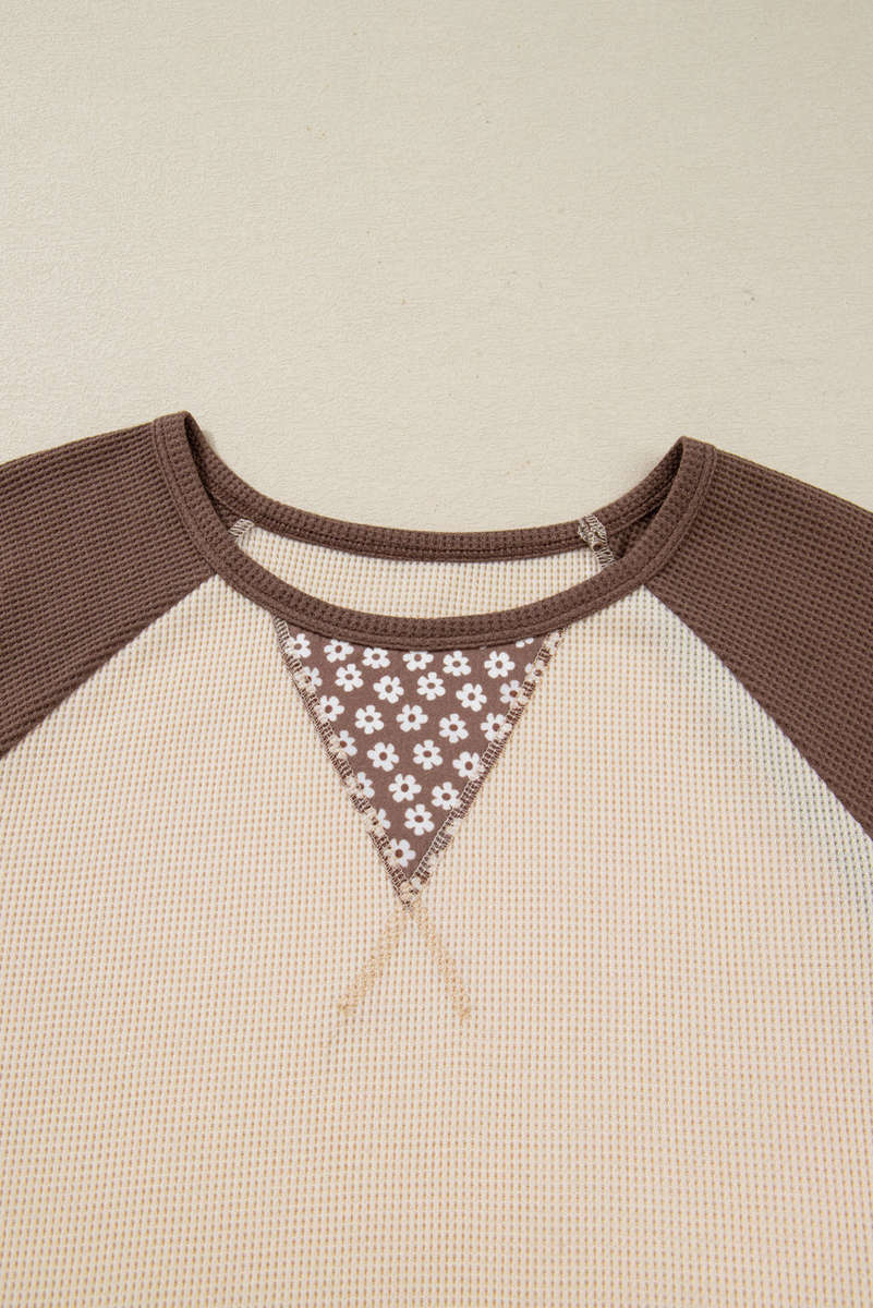 Brown Floral Print Patchwork Color Block Long Sleeve Top