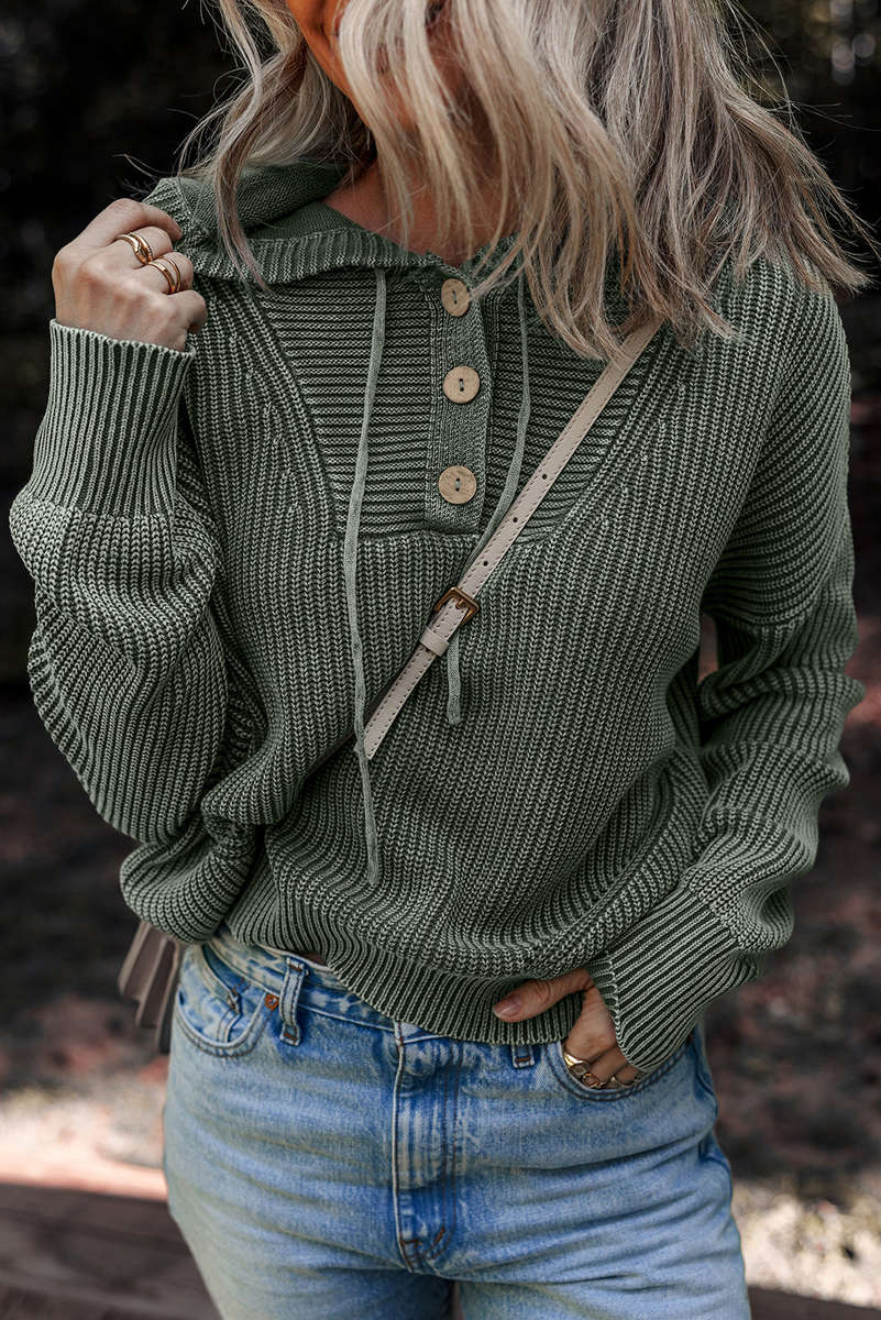 Mist Green Mineral Wash Ribbed Knit Button Drawstring Neck Hooded Sweater
