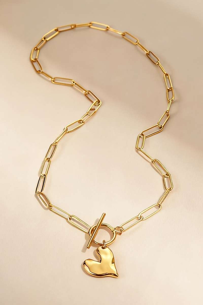 Gold Plated Toggle Heart Charm Paper Clip Chain Necklace