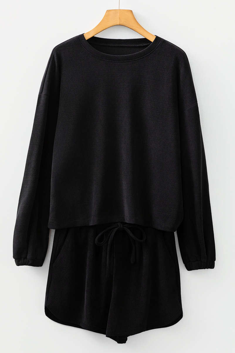 Black Solid Color Textured Knit Drop Shoulder Pullover Drawstring Shorts Set