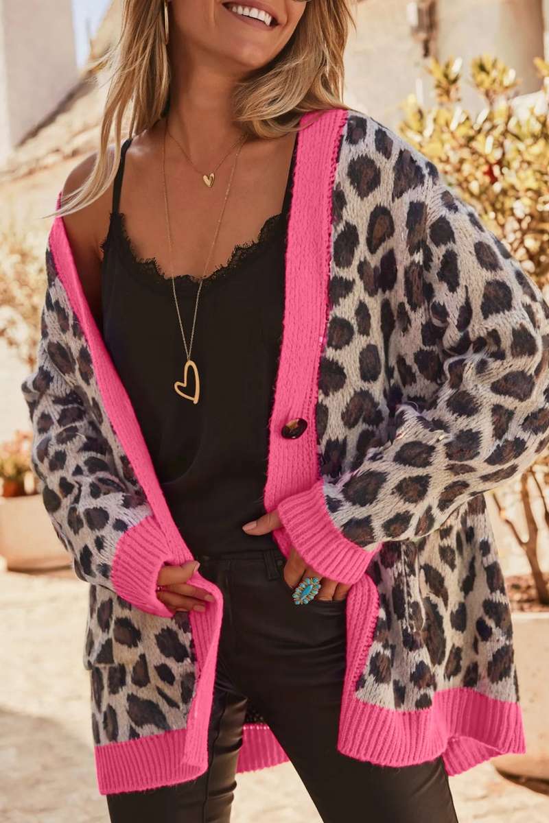 Khaki Oversize Color Block Trim Button Down Leopard Print Cardigan