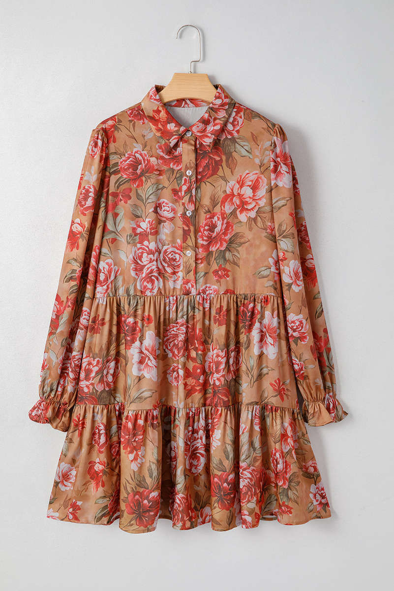 Brown Vintage Floral Print Shirt Style Half Button Long Sleeve Ruffle Mini Dress