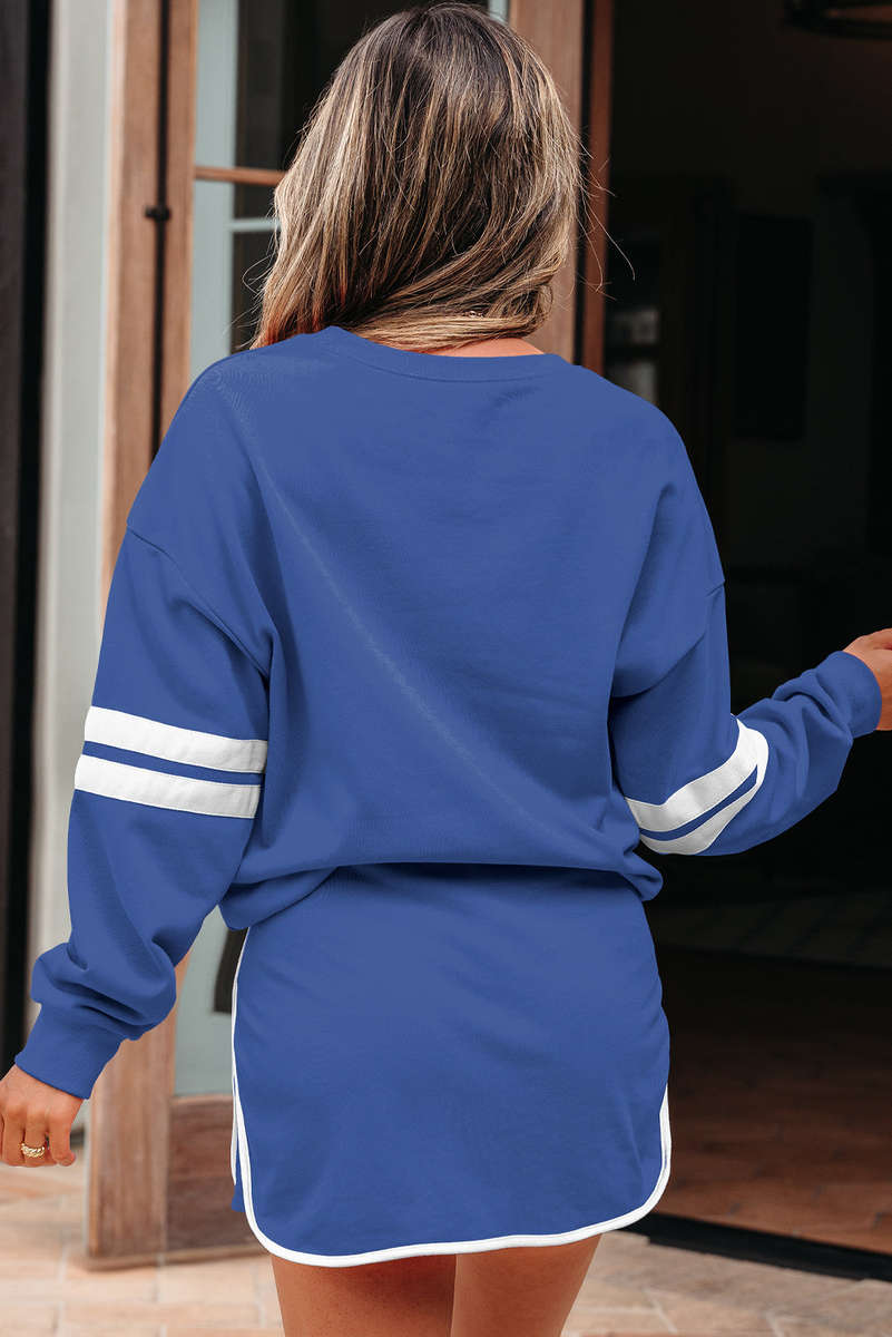 Sky Blue Varsity Stripe Detail Drop Shoulder Pullover Mini Skirt Set