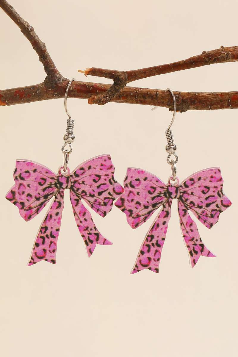 Bright Pink Stylish Leopard Printed Bow Stainless Hook Earrings
