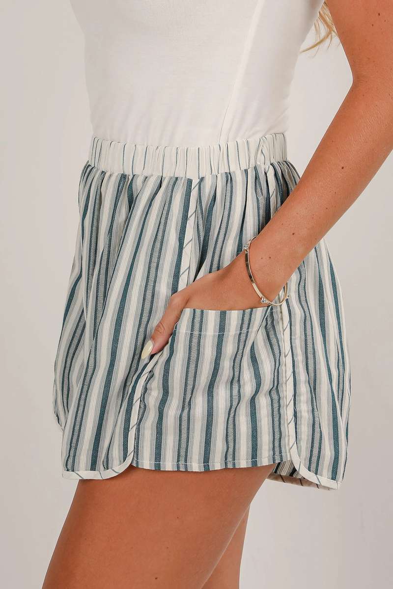 Gray Stripe Elastic Waist Cargo Pocket Casual Shorts