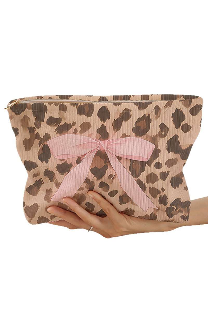Camel Ribbon Bow Leopard Print Ribbed Cloth Makeup Bag