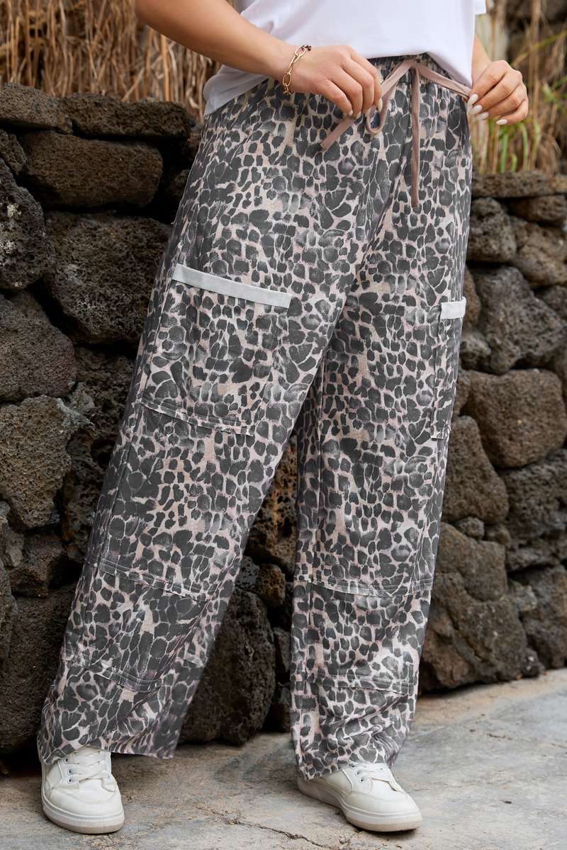 Khaki Plus Size Leopard Print Raw Edge Patch Pocket Drawstring Loose Pants