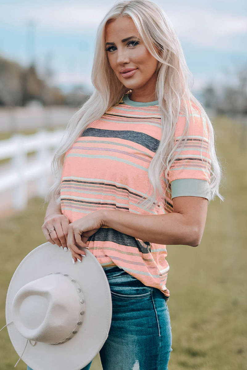 Pink Multicolor Stripes Crew Neck T Shirt