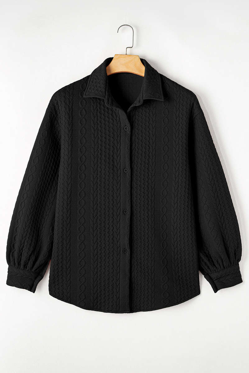 Black Cable Texture Puff Sleeve Loose Shacket