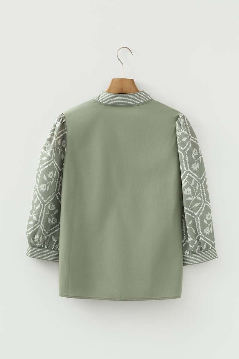 Grass Green Floral Puff Sleeve Contrast V Neck Patchwork Blouse