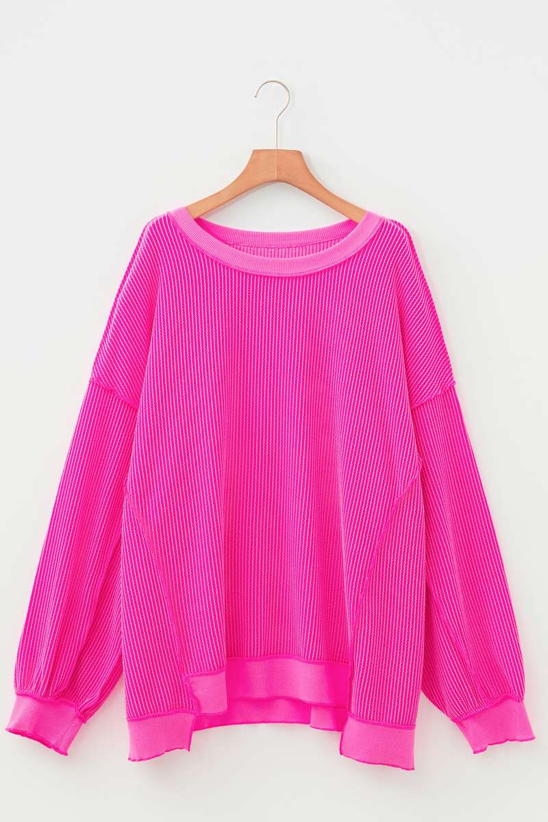 Rose Red Drop Shoulder Uneven Hem Plus Size Twisted Rib Top