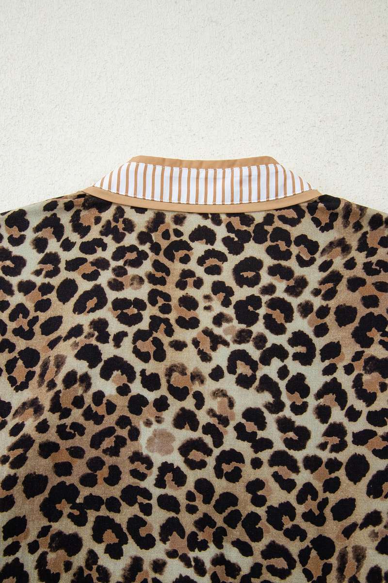 Khaki Contrast Striped Trim V Neck Leopard Shirt