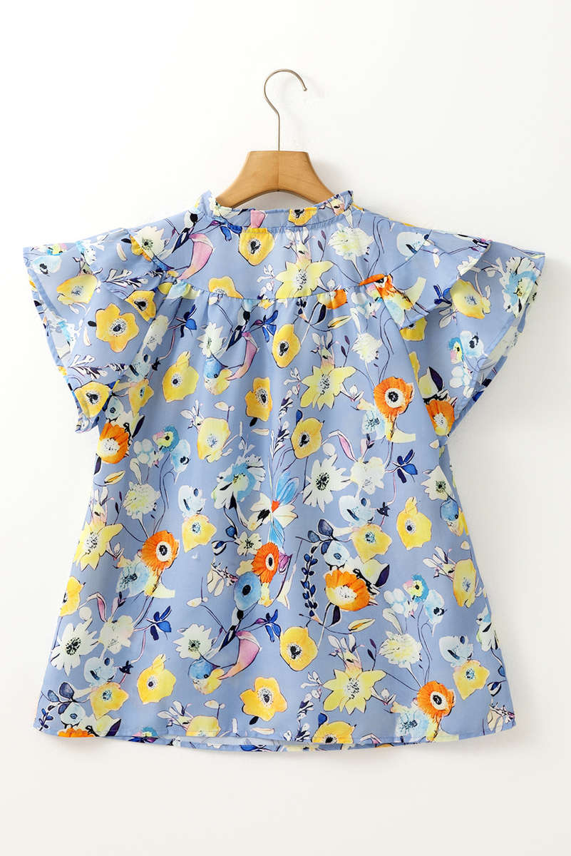 Sky Blue Flutter Sleeve V Neck Floral Top