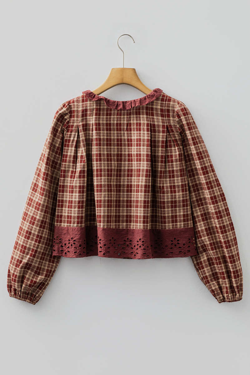Red Dahlia Plaid Eyelet Lace Trim Button Down Loose Long Sleeve Shirt