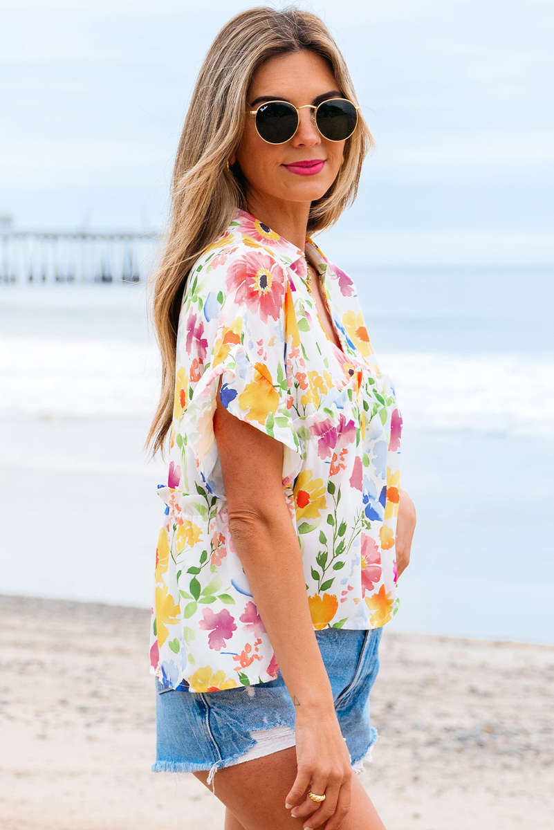Yellow Floral Boxy Fit Ruffled Short Sleeve V Neck Blouse