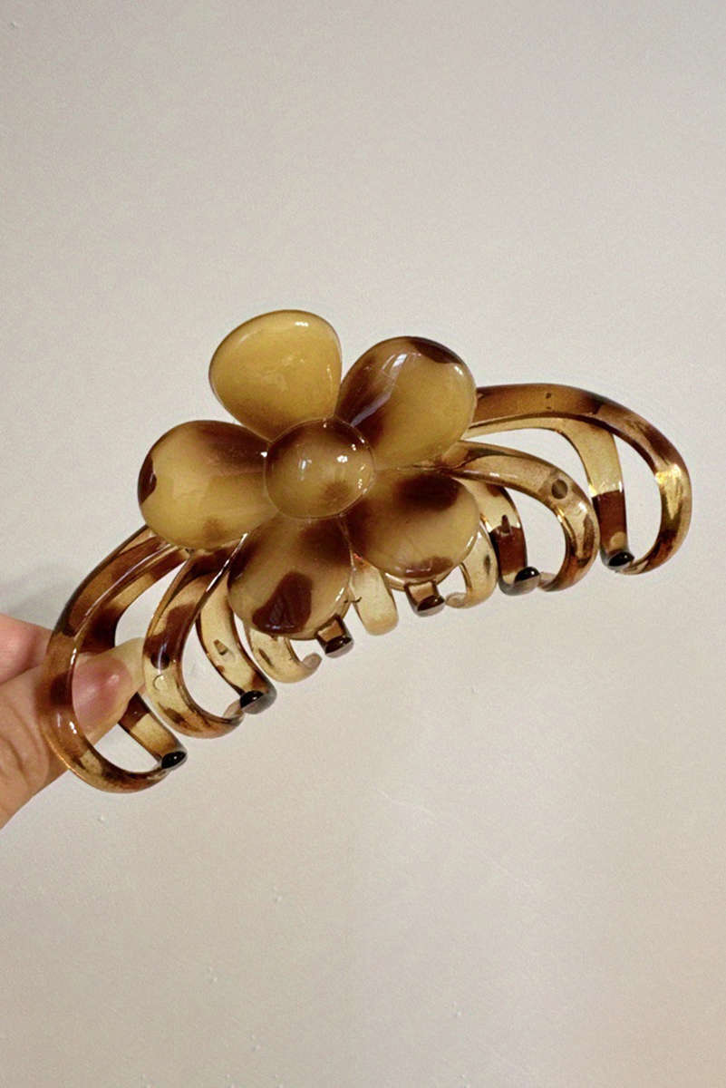 Thai Curry Amber Leopard Resin Flower Hair Claw Clip