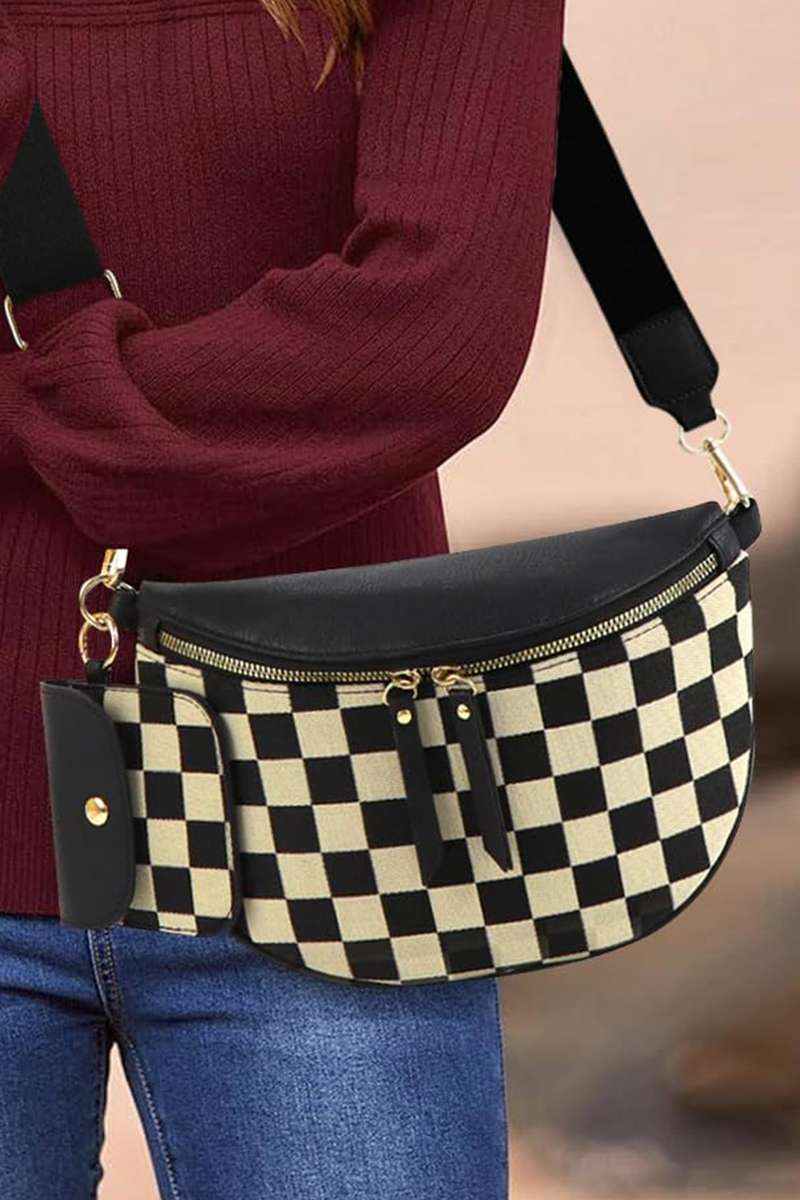 Black PU Leather Checkered Knit Patchwork Wallet Attached Shoulder Bag