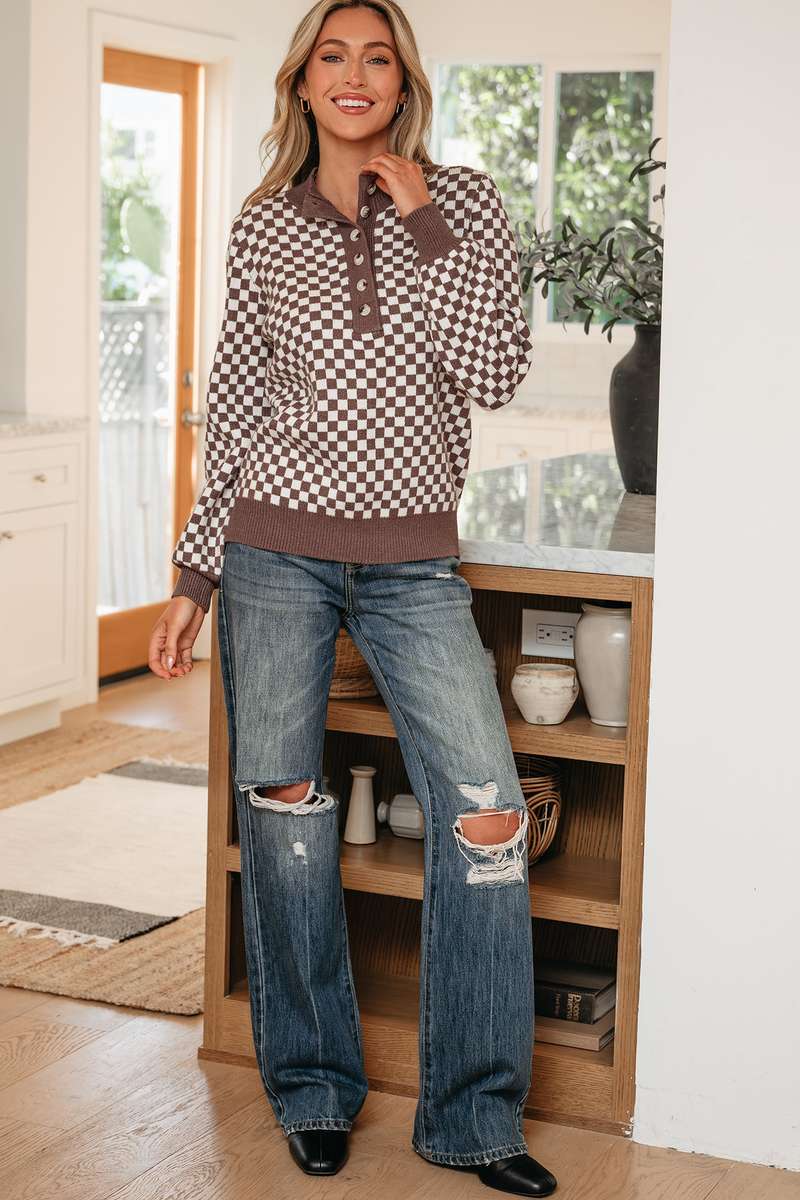 Dark Brown Half Button Ribbed Trim Checkerboard Knit Sweater