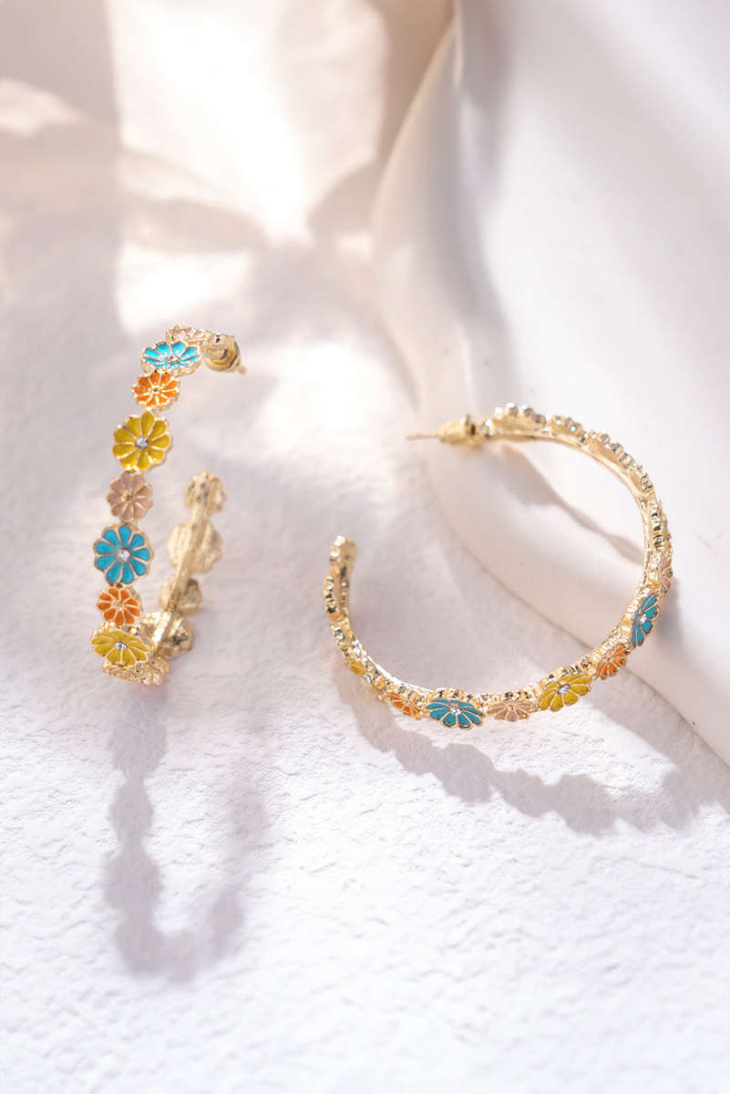 Gold Flower Rhinestone Decor Plated Alloy Hook Earrings