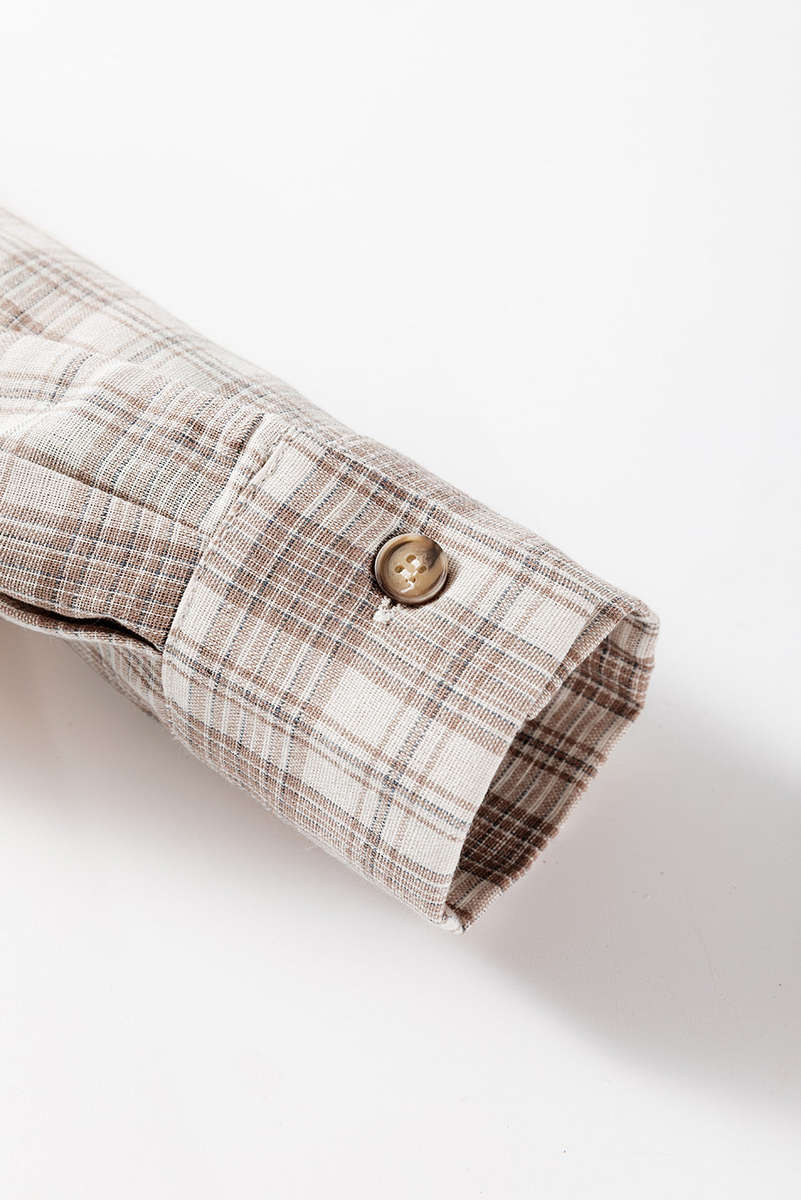 Khaki Checkered Print Loose Fit Buttoned Hooded Shacket
