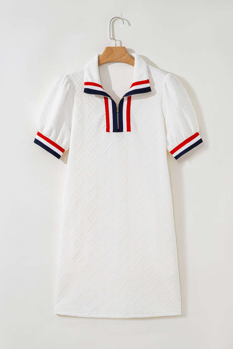 White Textured Jacquard Colorblock Edge Puff Sleeve Quarter Zip Mini Dress