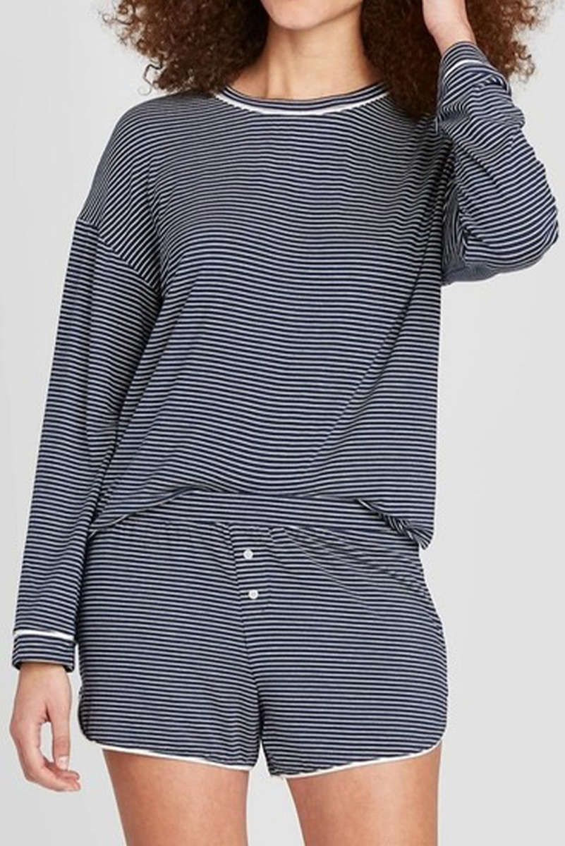 Blue Stripe Drop Shoulder Round Neck Long Sleeve Tee and Buttoned Shorts 2pcs Lounge Set