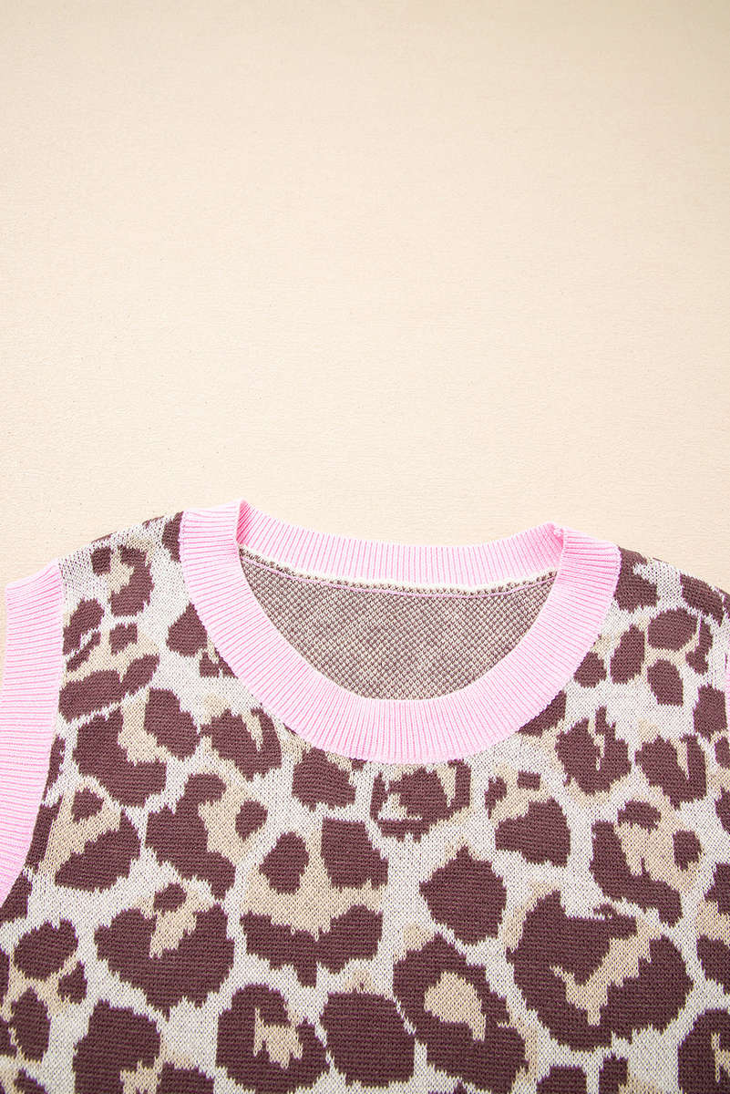 Brown Leopard Pattern Contrast Ribbed Trim Sweater Vest