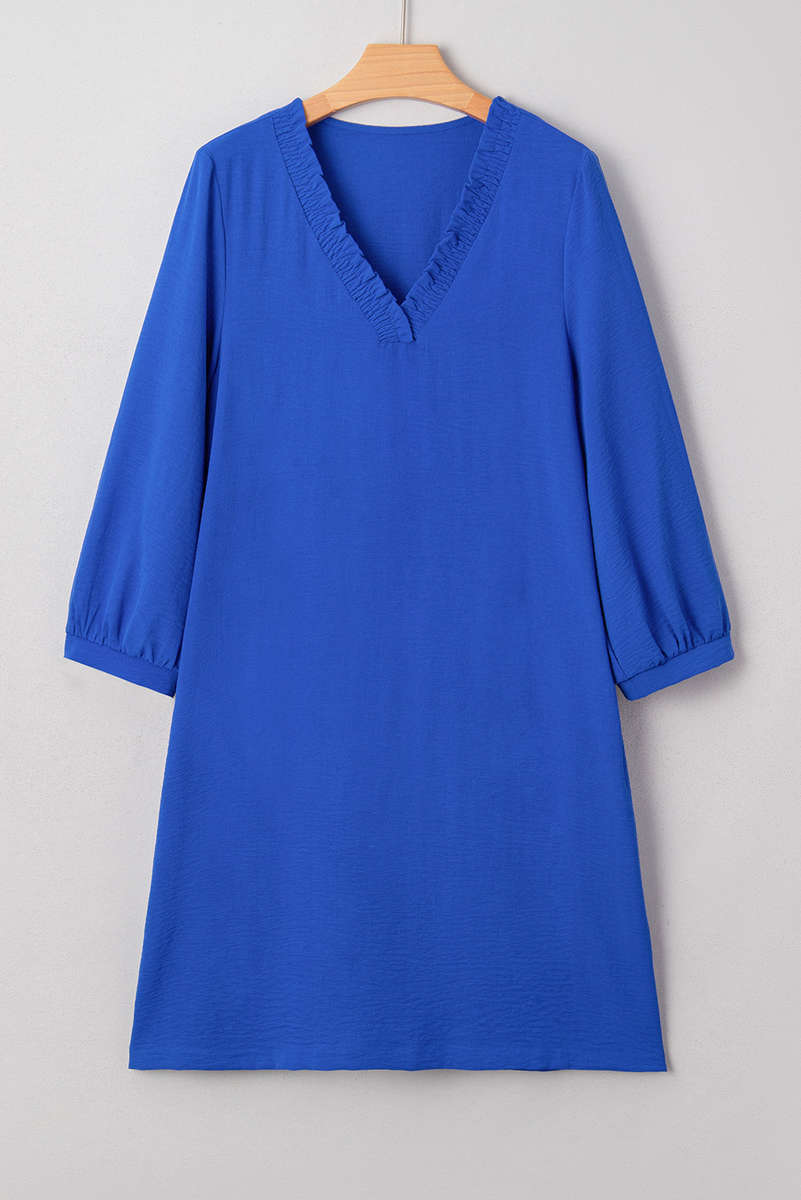 Sky Blue Frilled V Neck Bracelet Sleeve Shift Mini Dress