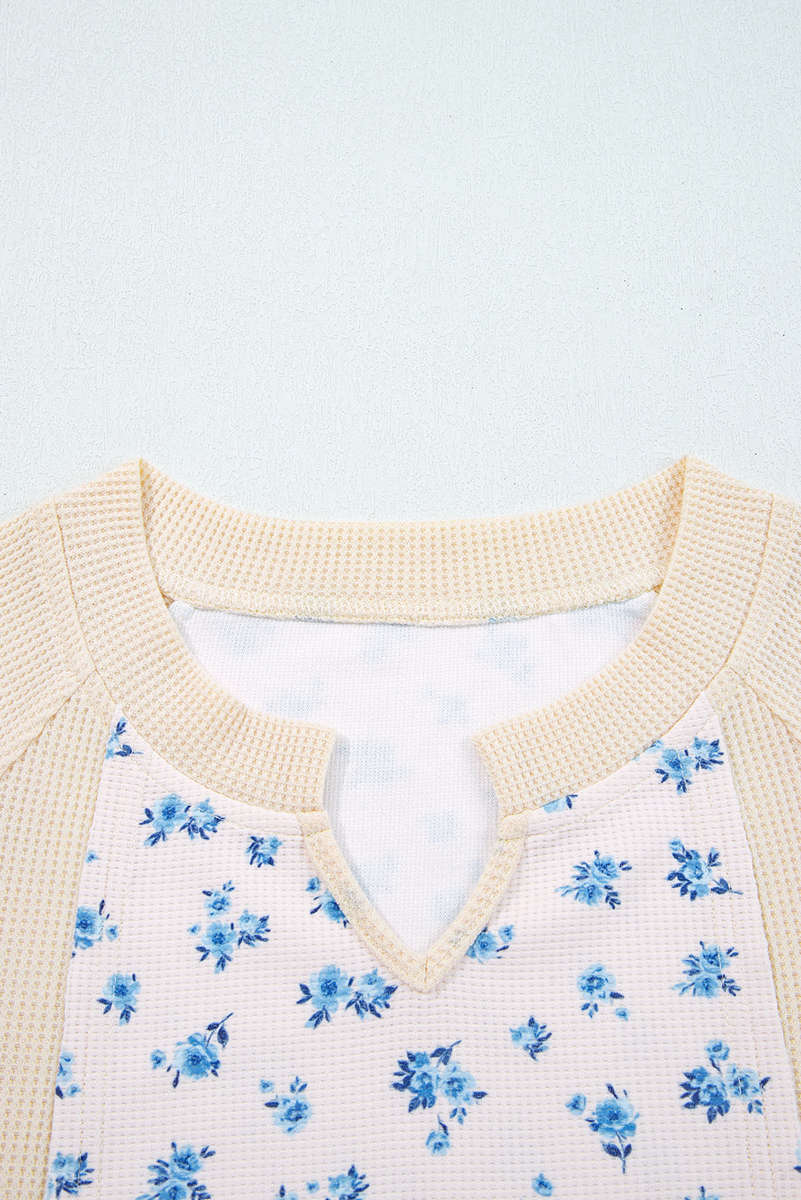 Beige Waffle Knit Floral Color Block Patchwork Balloon Sleeves Oversized Top