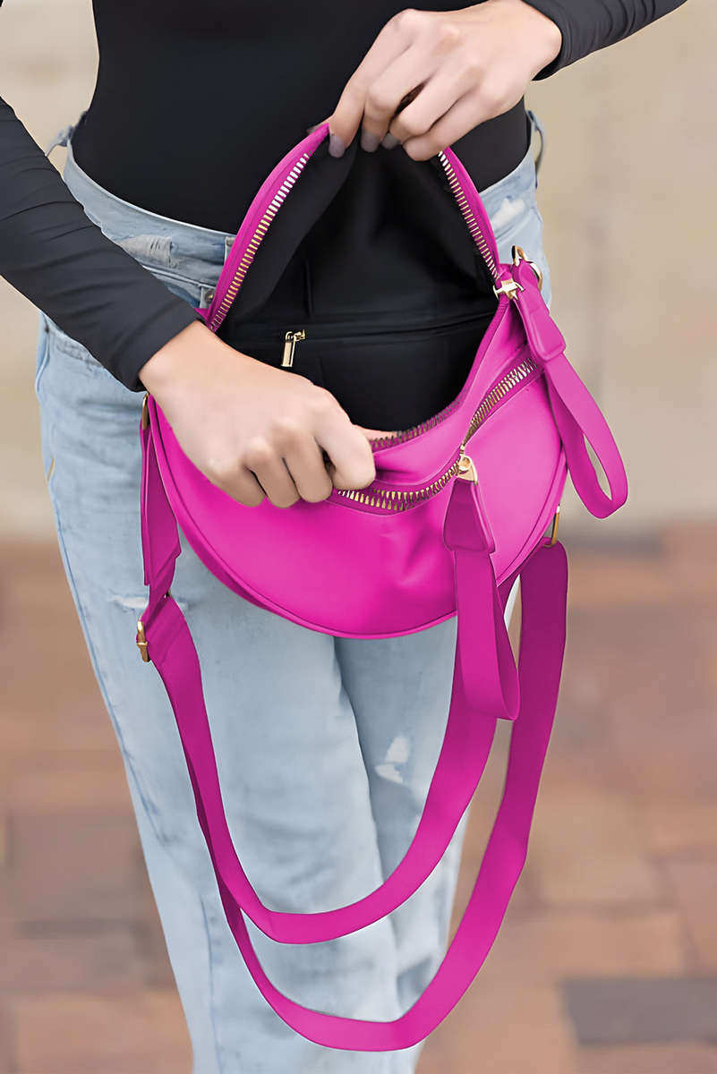 Bright Pink Double Zip Crescent Shape Adjustable Sling Bag