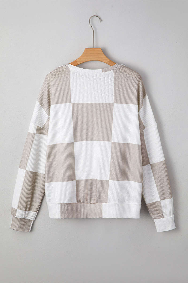 Khaki Checkered Print Breathable Textured Long Sleeve Top
