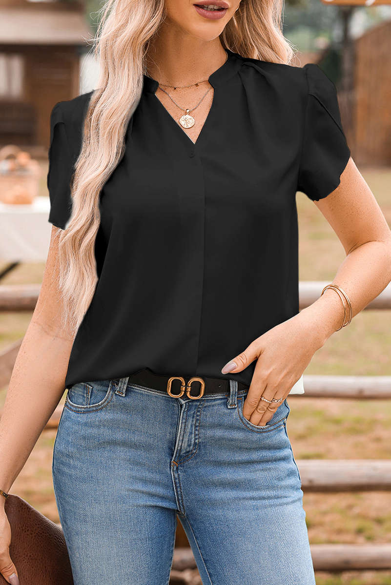 Black Silky Notched Neckline Petal Sleeve Blouse
