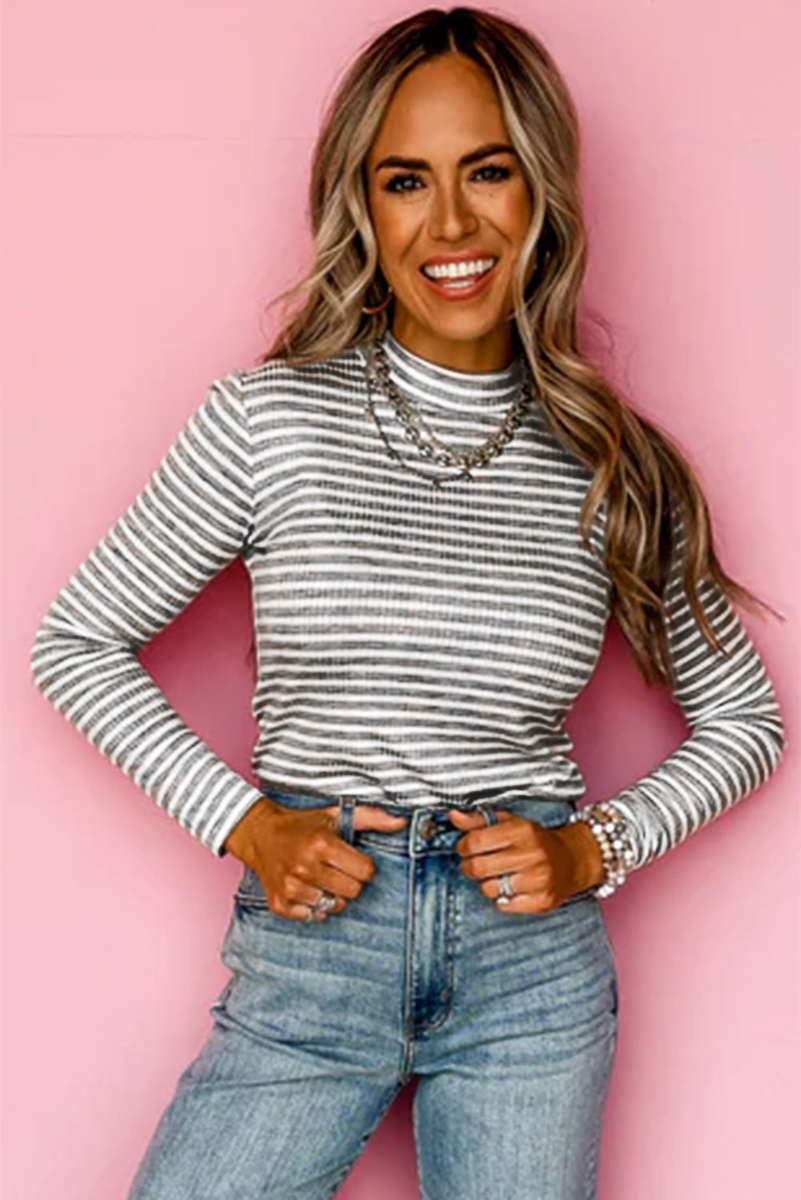 Gray Stripe Ribbed High Neck Slim Fit Long Sleeve Top